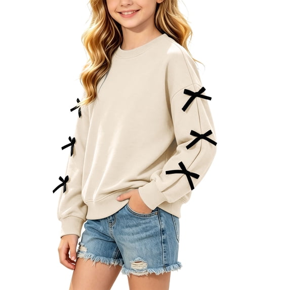 Girls Long Sleeve Sweatshirt Tops, Solid Color Bow Detail Pullover, Casual Everyday Clothing | Akmoler,Beige 3-4 Years