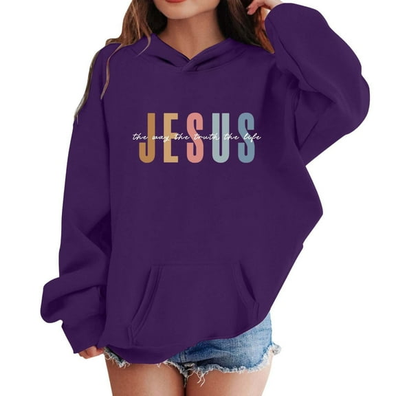 Girls Long Sleeve Sweatshirts Jesus Letter Print Kids Casual Crewneck Loose Fit Pullover with Pockets,Purple,4-5 Years