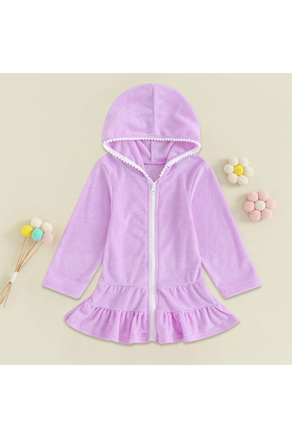 Girls Long Sleeve Swim Cover Up Robe, Zipper Hooded Towel Dress with Ruffle Hem,Quick Dry Sun Protection Beach Towel Wrap for Pool, Beach Vacation,Water Activities,UPF 50+ for Sun Safety - Purple