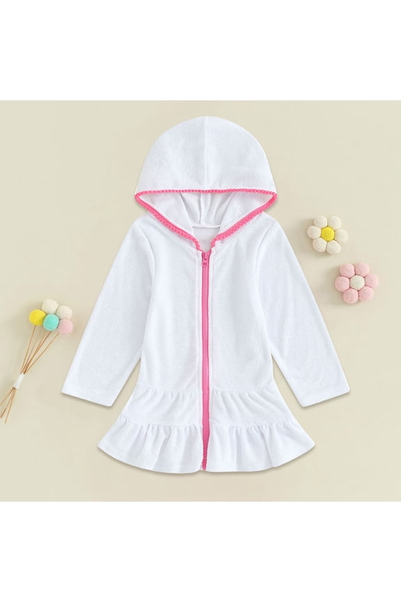 Girls Long Sleeve Swim Cover Up Robe, Zipper Hooded Towel Dress with Ruffle Hem,Quick Dry Sun Protection Beach Towel Wrap for Pool, Beach Vacation,Water Activities,UPF 50+ for Sun Safety - White