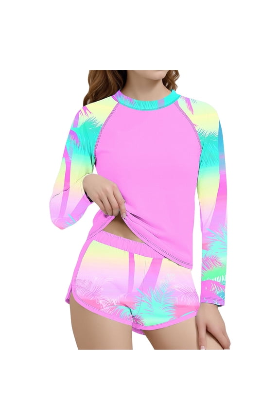 Girls Long Sleeve Swimsuit 2 Piece Set, Hawaiian Print UPF 50+ Surf Swimwear with Shorts, Beach Vacation Bathing Suit