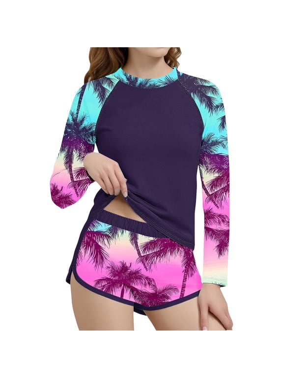 Girls Long Sleeve Swimsuit 2 Piece Set, Hawaiian Print UPF 50+ Surf Swimwear with Shorts, Beach Vacation Bathing Suit