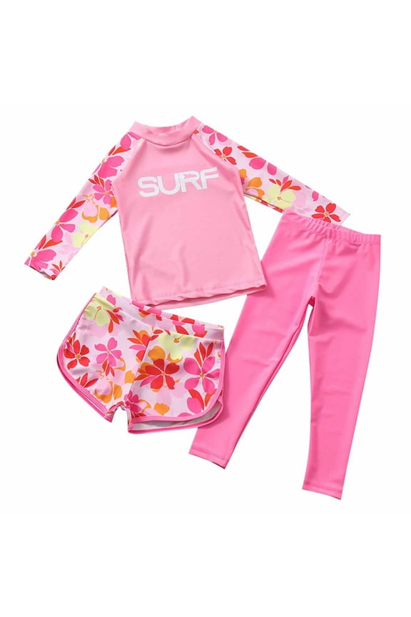 Girls Long Sleeve Swimsuits 3 Piece Rashguard Crewneck Swimwear with Long Pants and Shorts Sun Protection UPF 50+ Sunsuits 3-11 Years