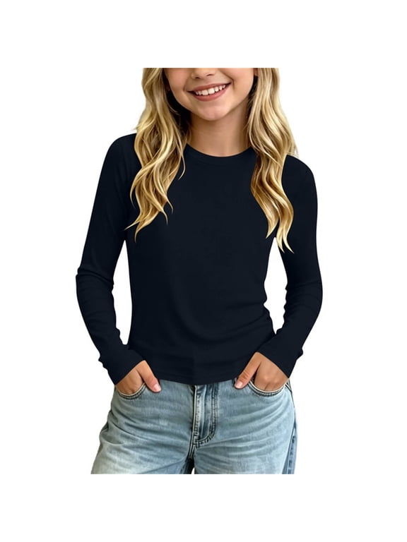 Girls Long Sleeve T-Shirt Crew Neck Ribbed Knit Tee Casual Basic Tees Shirt for Back to School Size 5T