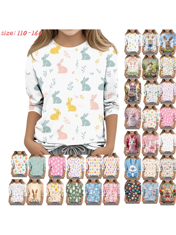 Girls Long Sleeve T-Shirt Festive Easter Egg Floral Print Crewneck Top Spring Holiday Party Comfort Casual Pullover Graphic Tee for Teen