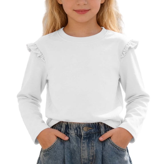 Girls Long Sleeve T Shirt Solid Color Blouse Ruffle Top Girls Long Sleeve Tops Size 14-16 Soft Cotton Casual Tees Spring/Fall Shirt(Size 9-10 Years,White)