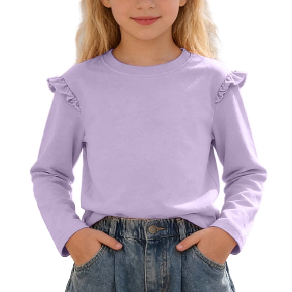 Girls Long Sleeve T Shirt Solid Color Blouse Ruffle Top Girls Tops Size 7-8 Soft Cotton Casual Tees Spring/Fall Shirt(Size 8-9 Years,Purple)