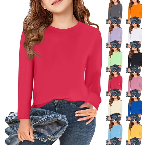 Girls Long Sleeve T Shirts Kids Fall Crewneck Tops Basic Tees Beige 110
