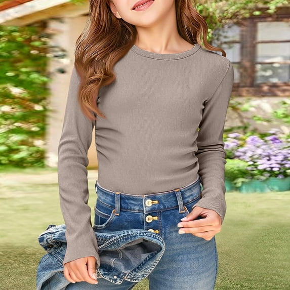 Girls Long Sleeve T Shirts Kids Fall Tops Crewneck Basic Tees Khaki 140