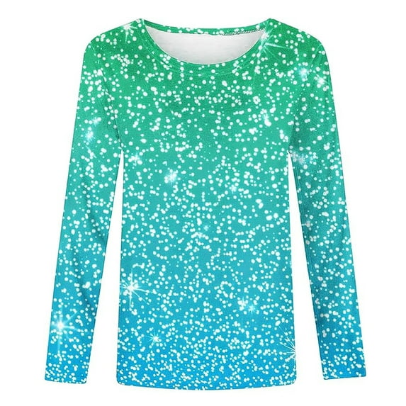 Girls Long Sleeve T Shirts Sequin Printed Sweater Children Round Flash Monochrome Long Range Spring Summer Casual Girls' Tees Blouses Light Green 7-8 Years
