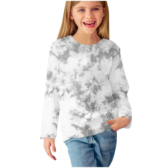 Baby Days Clearance!Girls Long Sleeve T Shirts Size 5t Tie-Dying Casual Cotton Tunic Tops Kids Fall Pullover Graphic Tee 3-7Y, Gray, 4 Years