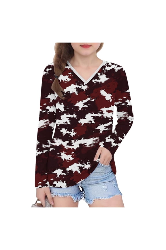 Girls' Long Sleeve T-shirts Graphic Tees Printed V Neck Casual Fashion Tshirts 3-14 Years Girl Fall Spring Tops (9 Years, Red-Camo)