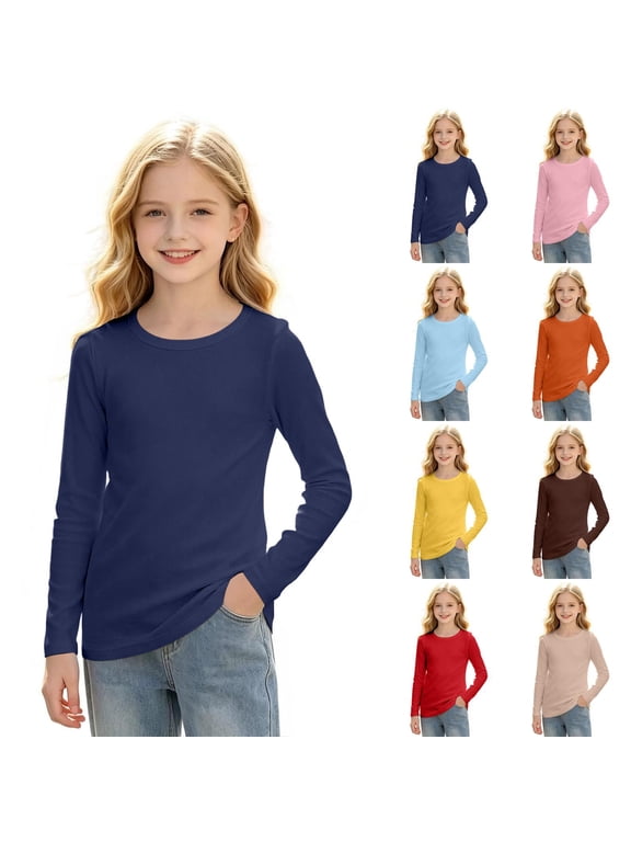 Girls Long Sleeve Tee Solid Ribbed Crew Neck Slim Fit Basic Fall Uniform Shirts
