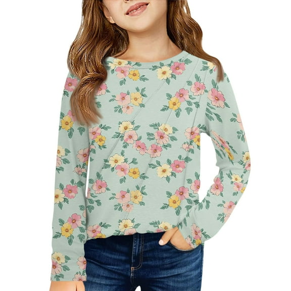 Girls Long Sleeve Tees Casual Print Shirts Cute Crewneck Dressy Blouses Clothes Girls Shirts Size 7-8 13-Light Green 110
