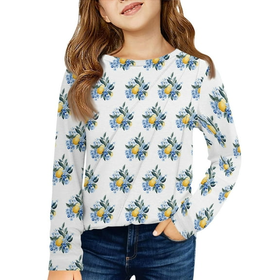 Girls Long Sleeve Tees Casual Print Shirts Cute Crewneck Dressy Blouses Clothes Girls Shirts Size 7-8 18-White 110