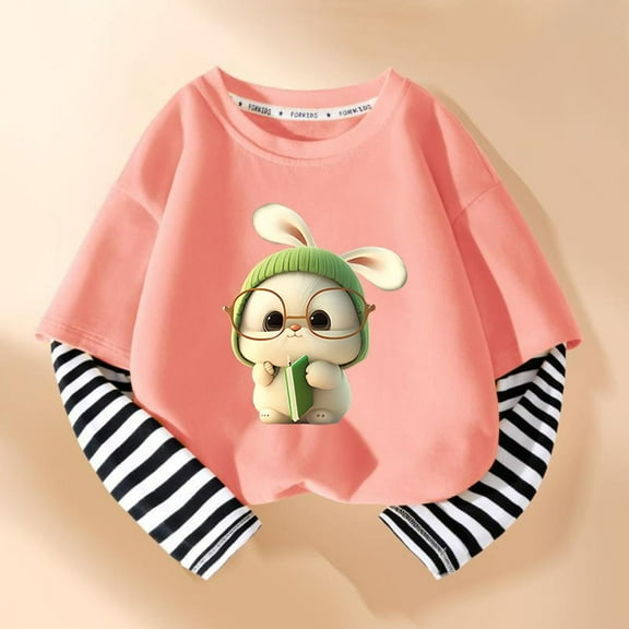 Girls Long Sleeve Tees Striped Sleeve T-shirt Graphic Basic Crewneck Soft T-Shirts Toddlers' Long-Sleeve T-Shirts Pink 5-6 Years