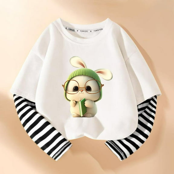 Girls Long Sleeve Tees Striped Sleeve T-shirt Graphic Basic Crewneck Soft T-Shirts Toddlers' Long-Sleeve T-Shirts White 5-6 Years