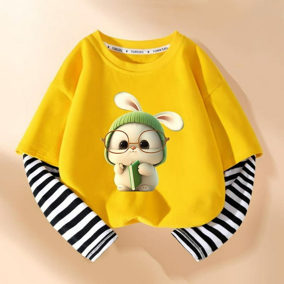 Girls Long Sleeve Tees Striped Sleeve T-shirt Graphic Basic Crewneck Soft T-Shirts Toddlers' Long-Sleeve T-Shirts Yellow 5-6 Years