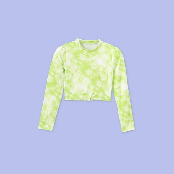 Girls' Long Sleeve Tie-Dye Cropped Rash Guard Swim Shirt - More Than Magic Lime M, Green