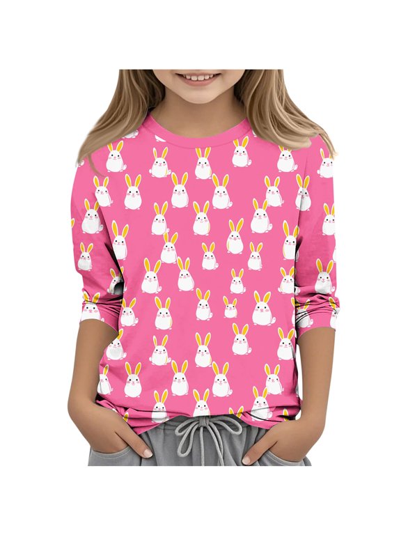 Girls Long Sleeve Top Bunny Rabbit Print Long Sleeve Shirt Hot Pink Soft Stretchy Casual Crewneck Tee Blouse Easter Spring Party Everyday Wear,Size 5-6 T