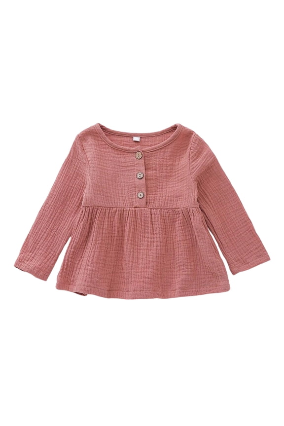 Girls Long Sleeve Top With Double Layer Ruffle Coconut Button Front Closure Style Blouse Clothes