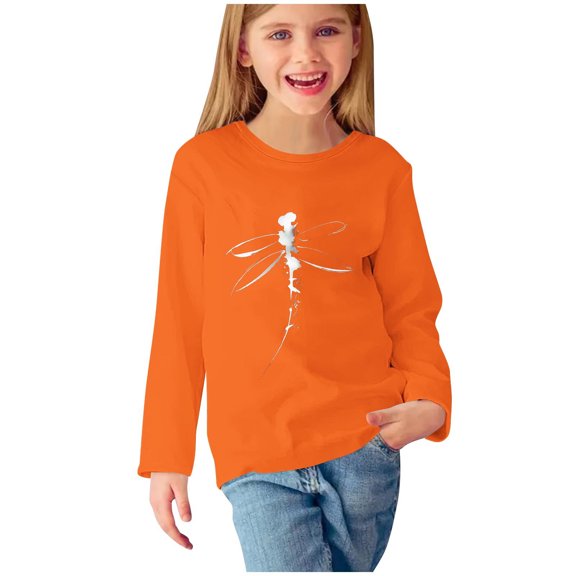 Girls Long Sleeve Tops Dragonfly Print Crewneck Cotton T Shirts Casual Fall Spring Graphic Basic Tees for Kids (4 Years, Orange)