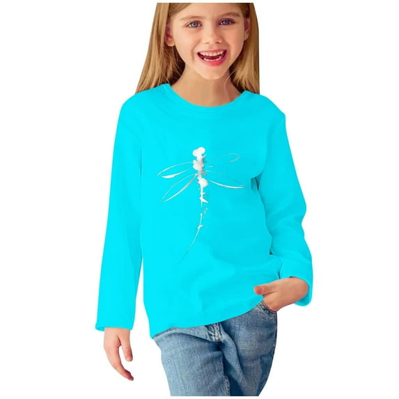 Girls Long Sleeve Tops Dragonfly Print Crewneck Cotton T Shirts Casual Fall Spring Graphic Basic Tees for Kids (5 Years, Light Blue)