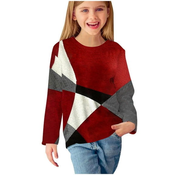 Girls Long Sleeve Tops Geometric Print Colorblock Trendy Casual T-shirts Spring Fall Winter Clothes Base Tees (7 Years, Multicolor)