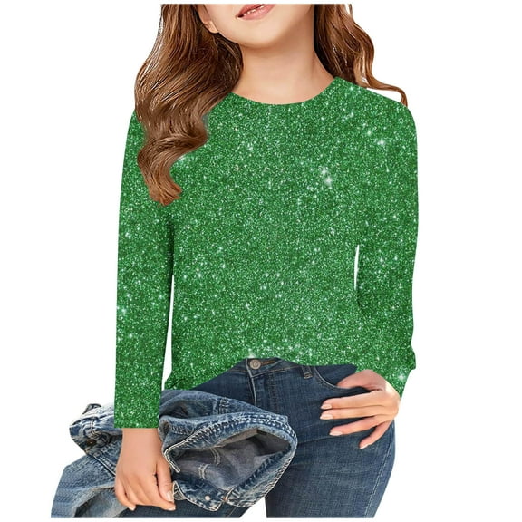 Girls Long Sleeve Tops Sparkly Sequin Printed Crew Neck Loose Pullover Casual Basic Cute Graphic Tee Shirts for 3-14Y