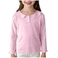 thumbnail image 1 of Girls' Long Sleeve Tops with Collar Ruffled Cute Casual Cotton T-Shirt Solid Color Spring Fall Clothes (4-5 Years, Pink), 1 of 7