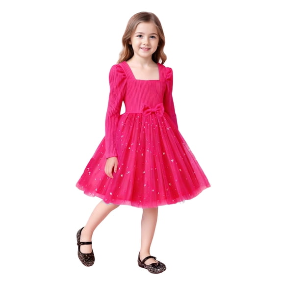 Girls Long Sleeve Tulle Party Dress Hot Pink with Star Embellishments, Puff Sleeve Square Neck Holiday Birthday Flower Girl Dress for Kids Kids 2-9 Years,Size 3-4T