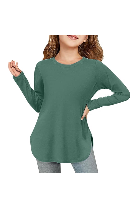 Girls Long Sleeve Tunic Top for Kids with Arc and Side Slit - Soft Stretchy Tee for Girls Tops and Shirts