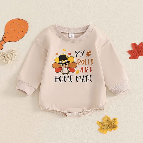 Girls Long Sleeve Turkey Embroidery Printing Pullover Romper Sweatshirt Bodysuit Toddler