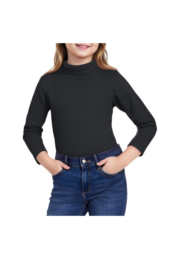Girls Long Sleeve Turtleneck Top Soft Cotton Knit Pullover Basic Solid Mock Neck Shirt for Kids Youth School Wear (Black,120)