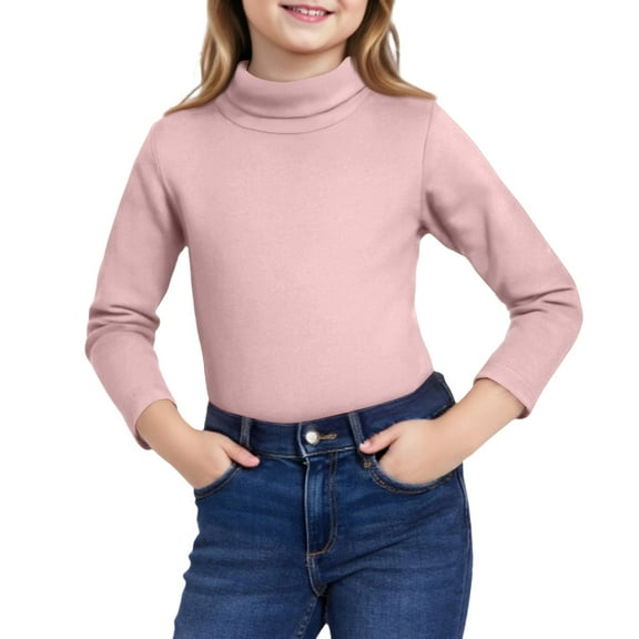 Girls Long Sleeve Turtleneck Top Soft Cotton Knit Pullover Basic Solid Mock Neck Shirt for Kids Youth School Wear (Pink,110)