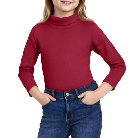Girls Long Sleeve Turtleneck Top Soft Cotton Knit Pullover Basic Solid Mock Neck Shirt for Kids Youth School Wear (Wine,130)