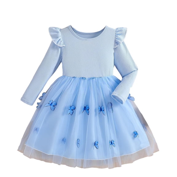 Girls Long Sleeve Tutu Dress Blue Butterfly Ruffled Party Play Birthday Princess Tulle Dress,Size 4-5 T