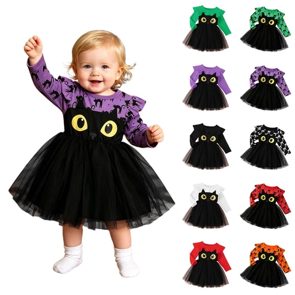 Girls Long Sleeve Tutu Tulle Dress Cat Halloween Party Clothes Kids Halloween Girls Size 1-6 Years