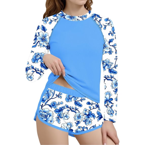 Girls' Long Sleeve UPF 50+ Rash Guard & Floral Swim Shorts Set Blue White 2 Piece Swimwear,Size 8-9 T