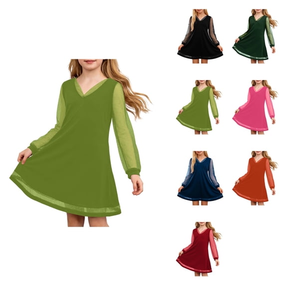 Girls' Long Sleeve V-Neck Party Dress with Sheer Mesh Puff Sleeves, High Waist Design, and Functional Pockets for Ages 7-13