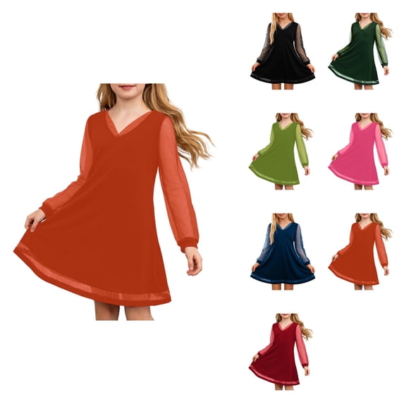 Girls' Long Sleeve V-Neck Party Dress with Sheer Mesh Puff Sleeves, High Waist Design, and Functional Pockets for Ages 7-13