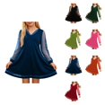 thumbnail image 1 of Girls' Long Sleeve V-Neck Party Dress with Sheer Mesh Puff Sleeves, High Waist Design, and Functional Pockets for Ages 7-13, 1 of 4