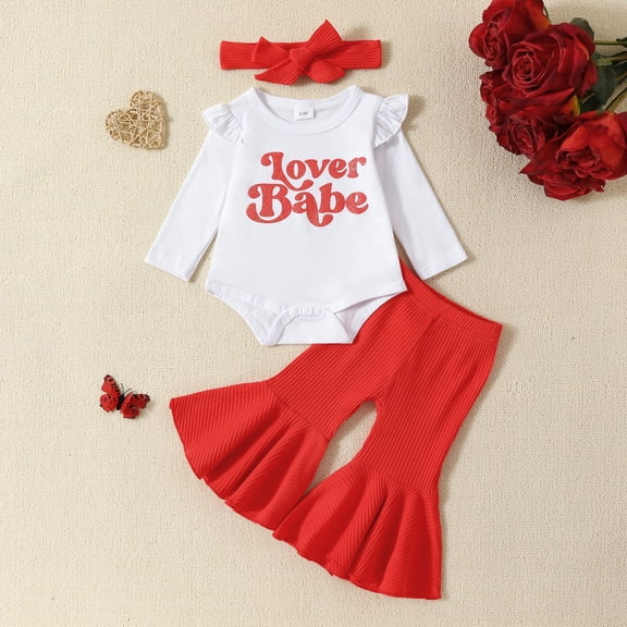Girls Long Sleeve Valentine's Day Romper Letter Prints Bodysuit Bottoms Pants Outfits Baby Girl Is Here 12-18 Months