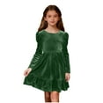 thumbnail image 1 of Girls Long Sleeve Velvet Dress Crew Neck Bow Back Princess Dress Ruffle Hem Formal A-Line Dresses Vintage Christmas Party Dress, 1 of 6