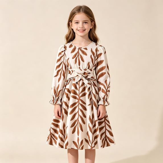 Girls Long Sleeve Waist Dress, A-Line Smocked Casual Fall Dress for Kids 7-13 Years