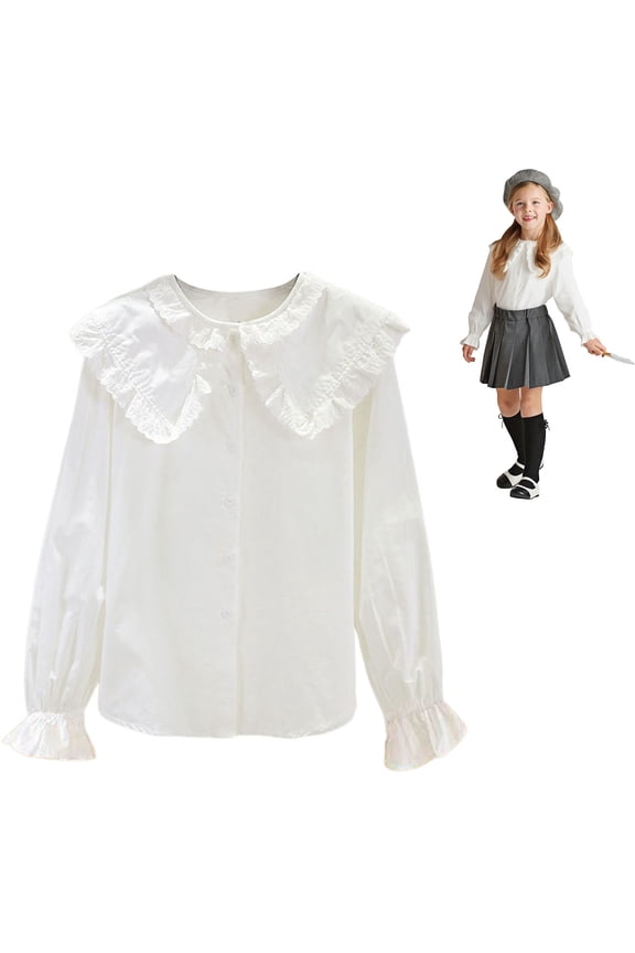 Girls Long Sleeve White Blouse With Lace Peter Pan Collar White Base Layer Top White 3 Y-4 Y