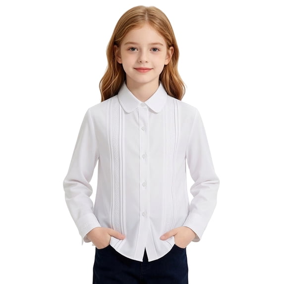 Girls Long Sleeve White Dress Shirt For School Performance Daily Wear Classic Button Up Top 4-18Years