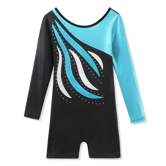 Girls Long Sleeve with Shorts Gymnastics Leotards Blue Embroidery Dancewear