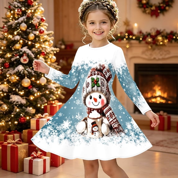 Girls' Long Sleeved Dresses Comfortable Christmas T-Shirt Dress Xmas Dress Up Outfits (Light Blue)