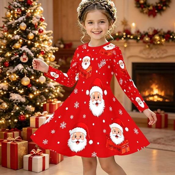 Girls' Long Sleeved Dresses Comfortable Christmas T-Shirt Dress Xmas Dress Up Outfits (Red1)